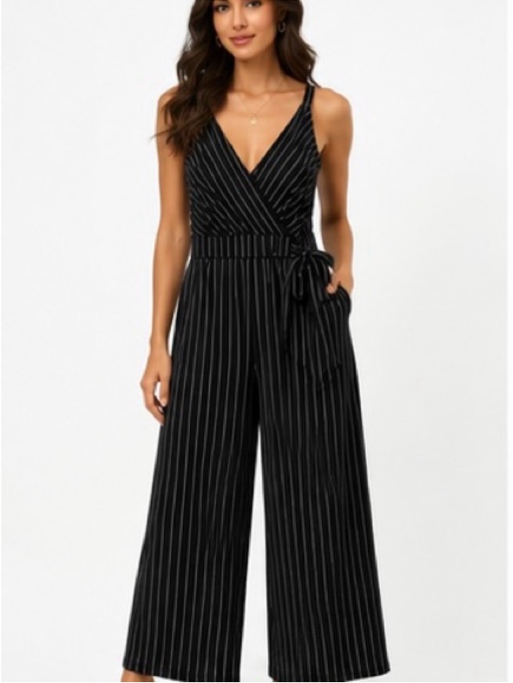 Kaileigh Black Pinstripe Wide-Leg V-Neck Crop Jumpsuit